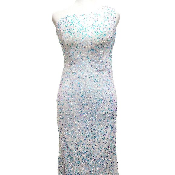 One-Shoulder Dress White Sequin Gown With Detachable Tulle Skirt Size 2 - Picture 8 of 14